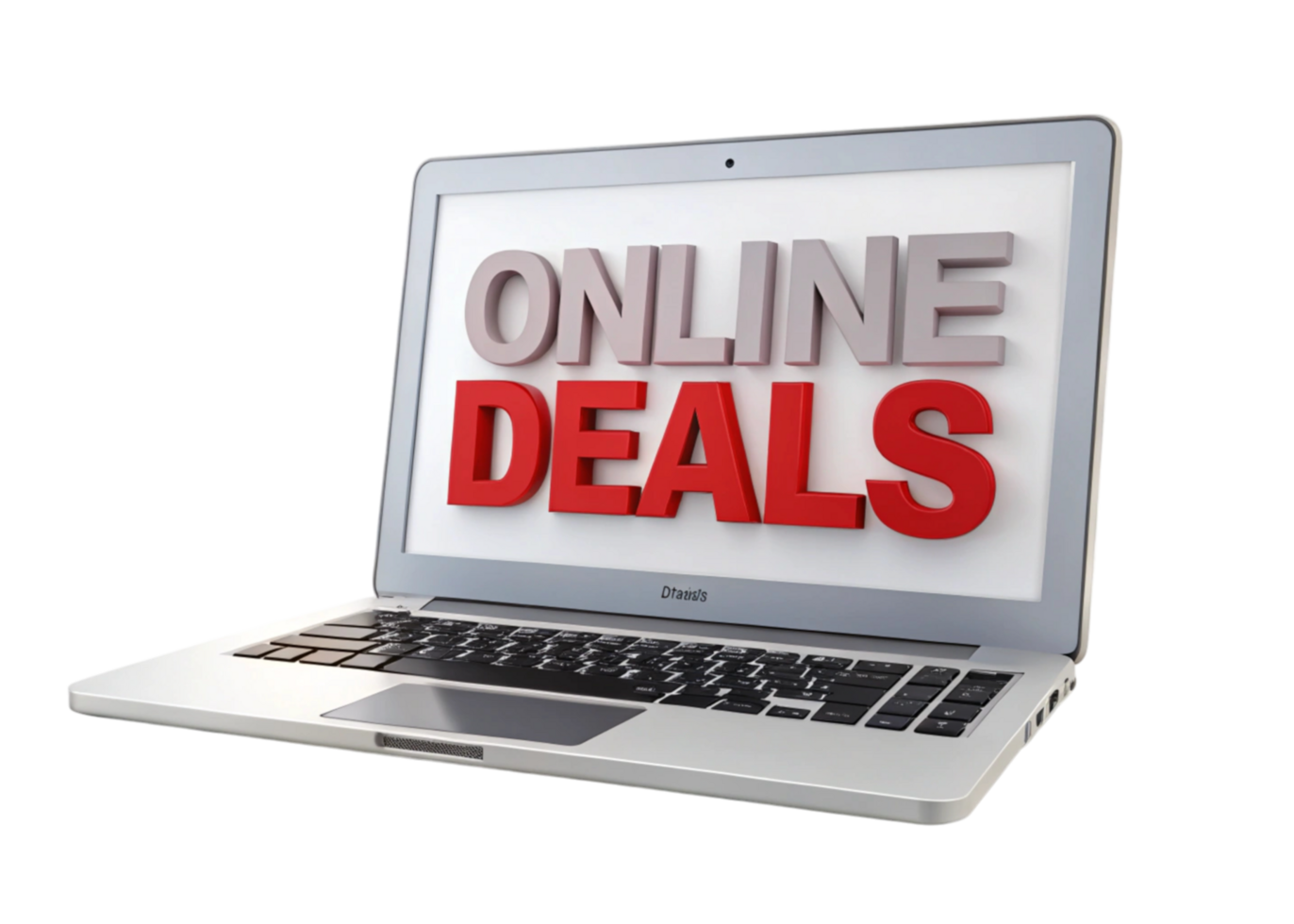 Modern laptop displaying Online Deals text on a Transparent Background, perfect for showcasing e commerce and shopping concepts png