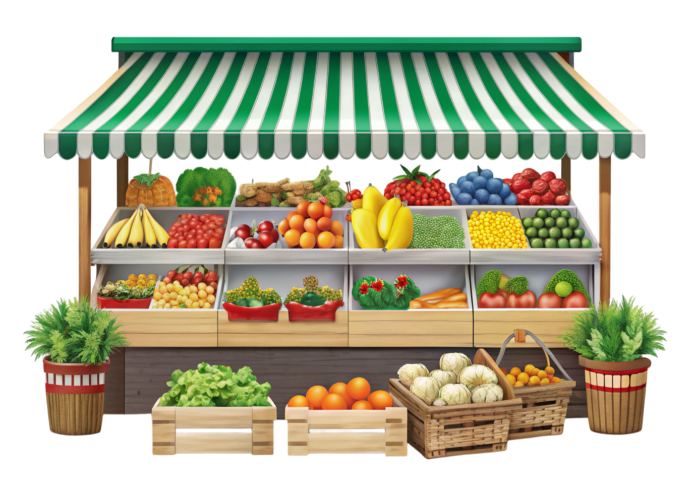 Open air market with diverse fruits, vegetables, and greens, emphasizing healthy eating and sustainability png