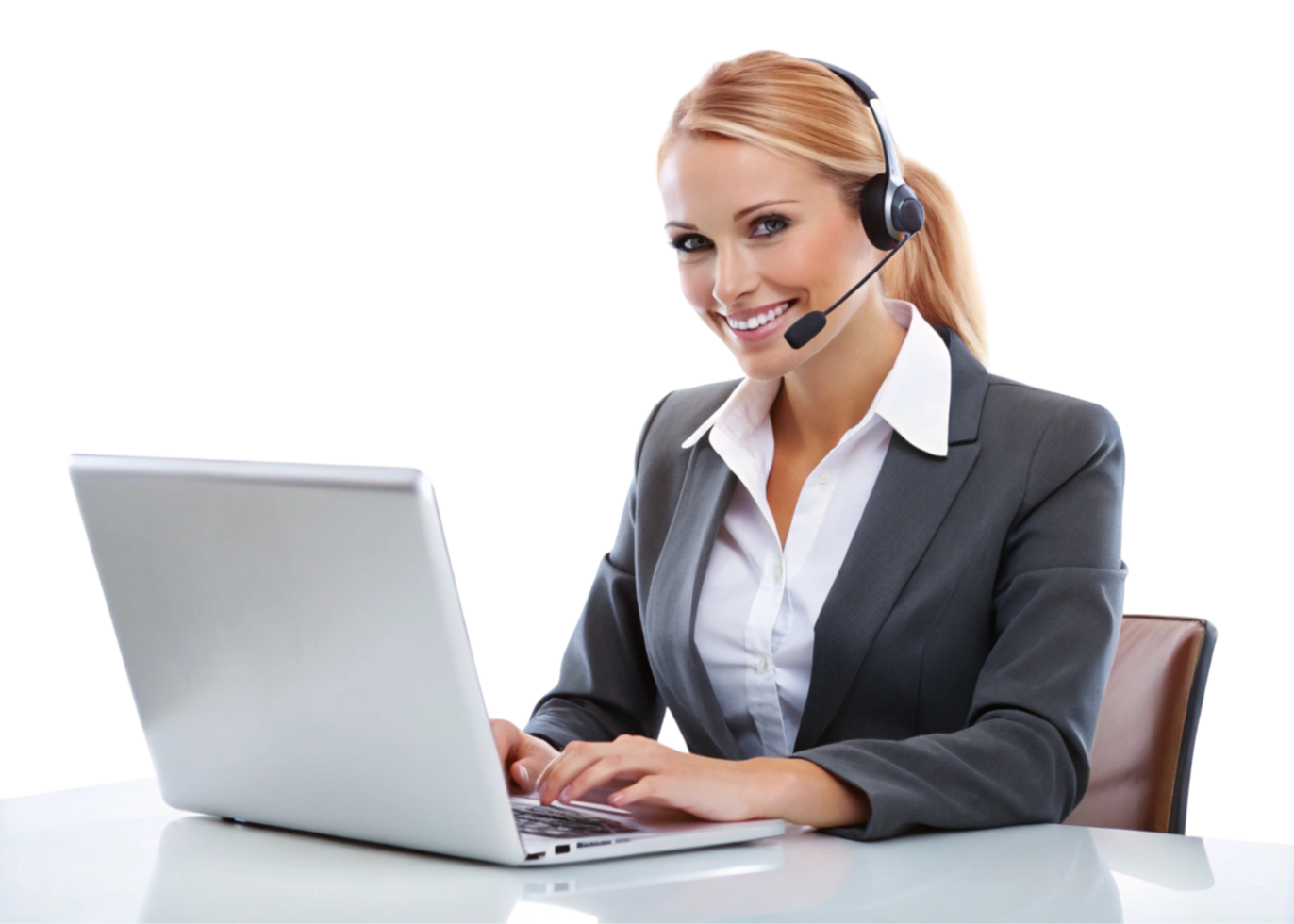 Friendly woman in a business suit using a laptop for virtual communication and customer assistance png