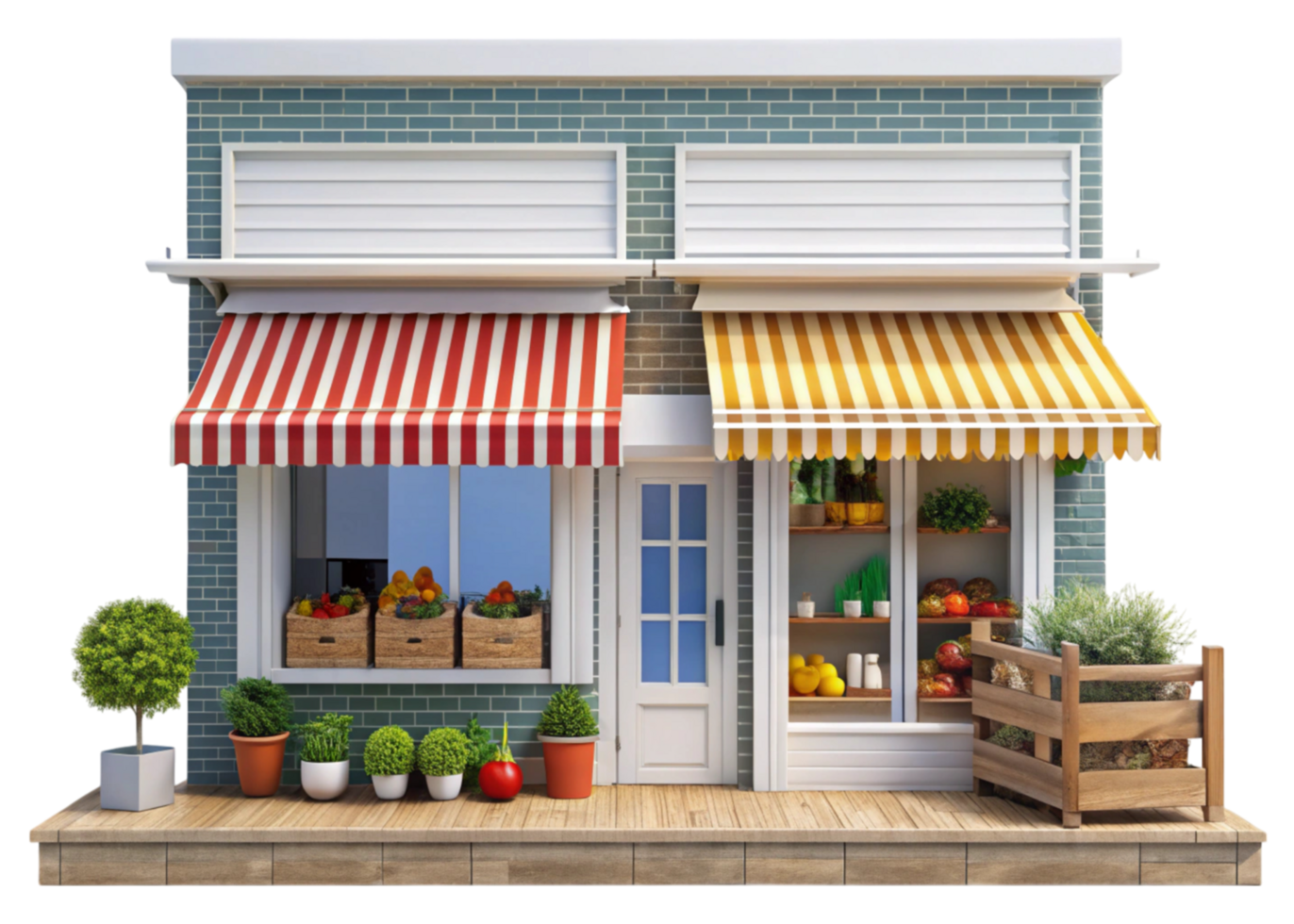 Traditional storefront with colorful awning and fresh produce, representing a classic neighborhood grocery shop png
