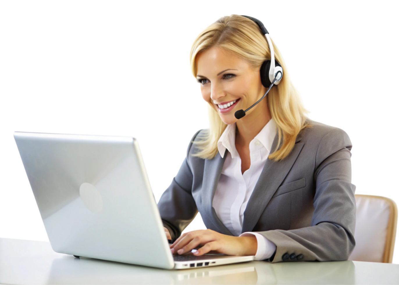 Confident female representative with a headset and laptop, ideal for illustrating remote work or online helpdesk services png