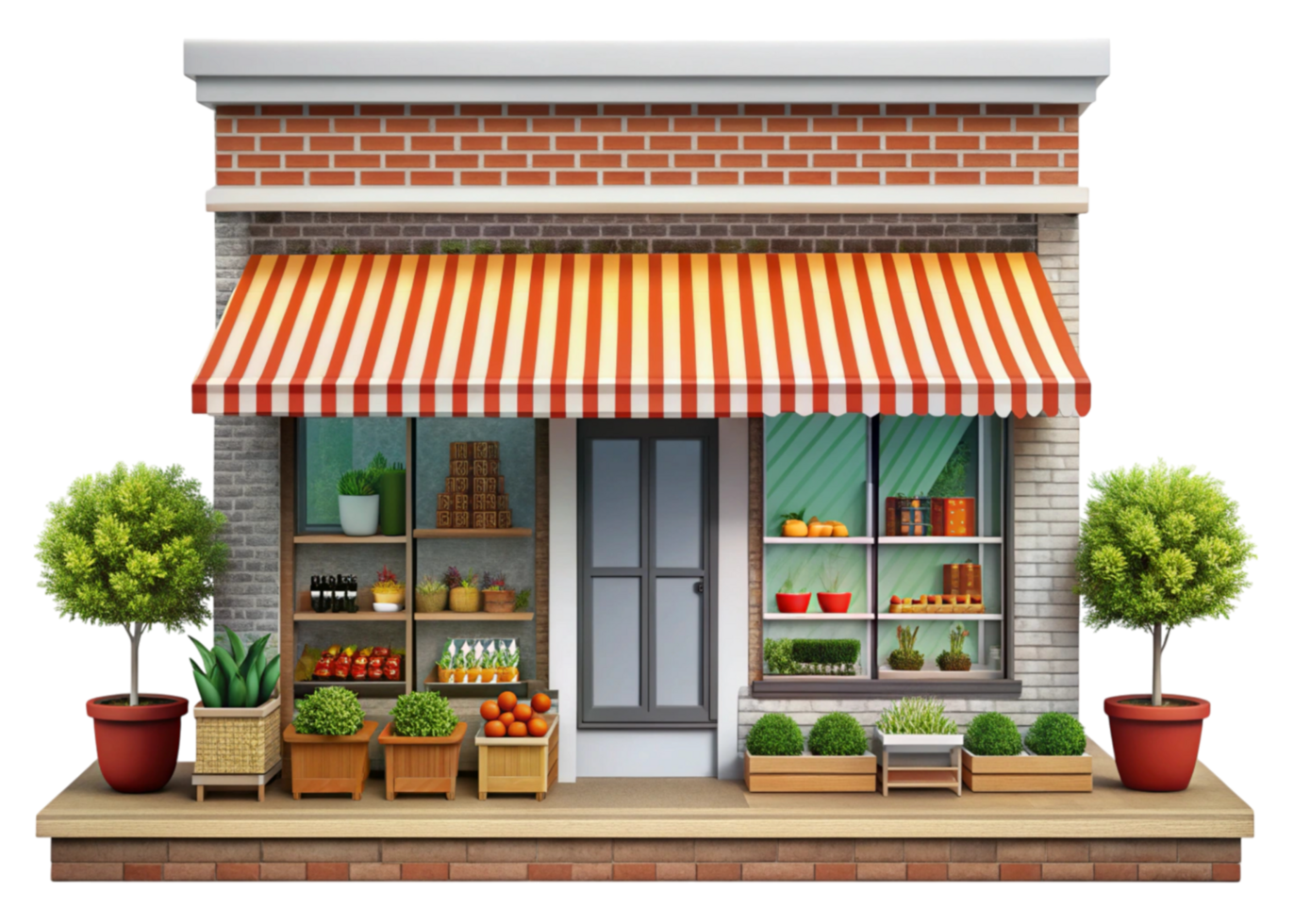 Charming small shop exterior with vibrant produce and greenery, perfect for local and organic shopping themes png