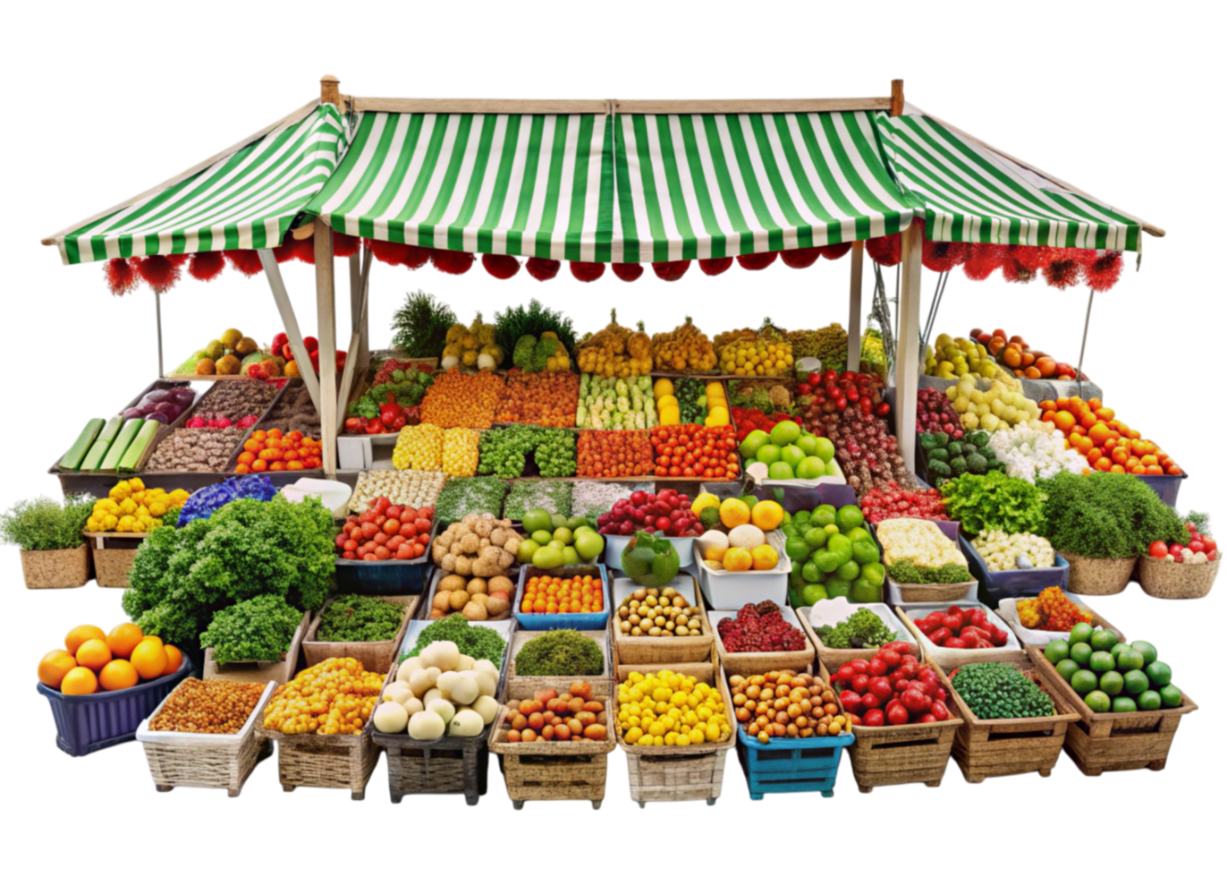 Traditional farmers market setup featuring an array of colorful fresh produce displayed in baskets and crates png