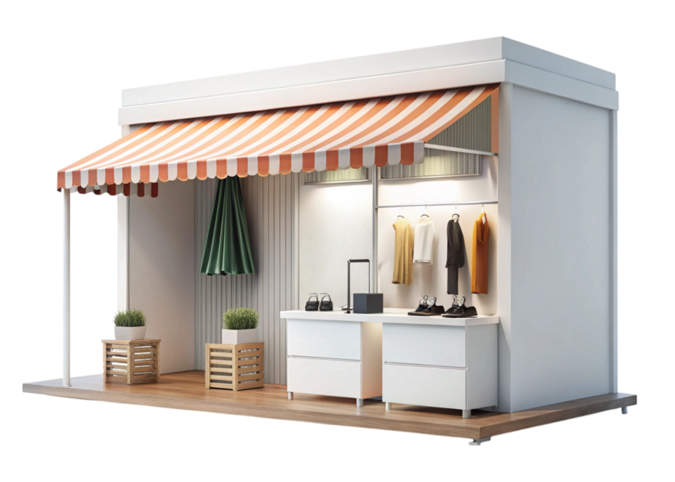 Creative pop up shop concept with clothing display and inviting exterior design on a clean Transparent Background png