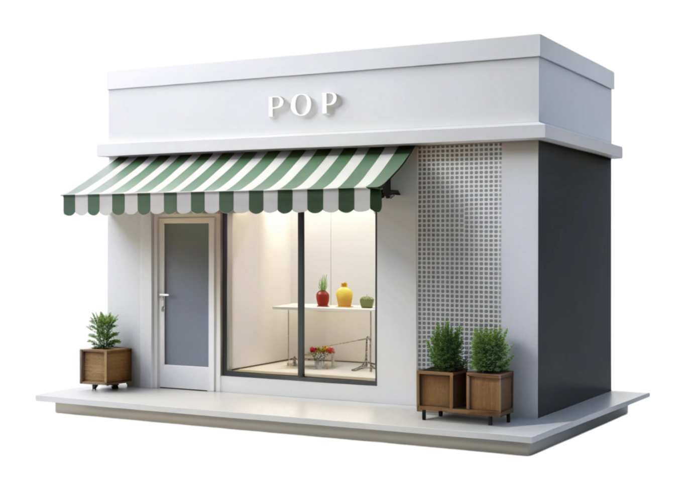 Small boutique or pop up store with colorful awnings and display counters on Transparent Background for design ideas png