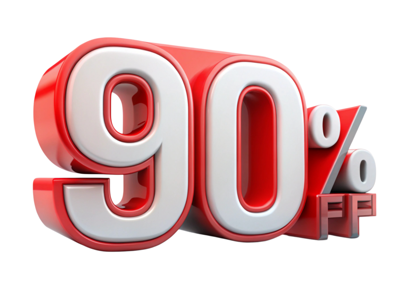 Bold Red 90 Percent Off Discount Text with Glossy Finish and Transparent Background, Perfect for Shopping Promotions png