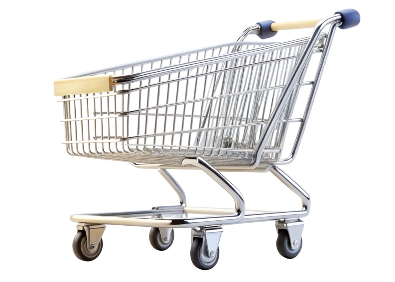 Minimalistic shopping cart with sturdy wheels and metal frame presented against a clean Transparent Background png