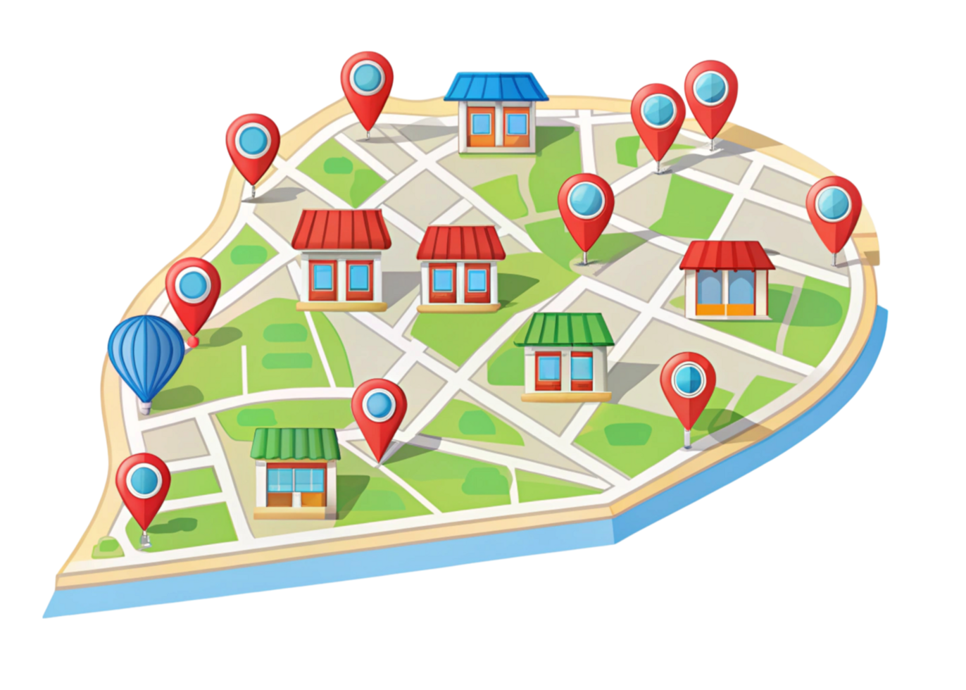 Geographical map with marked locations and stores, visually indicating accessibility and shopping opportunities png