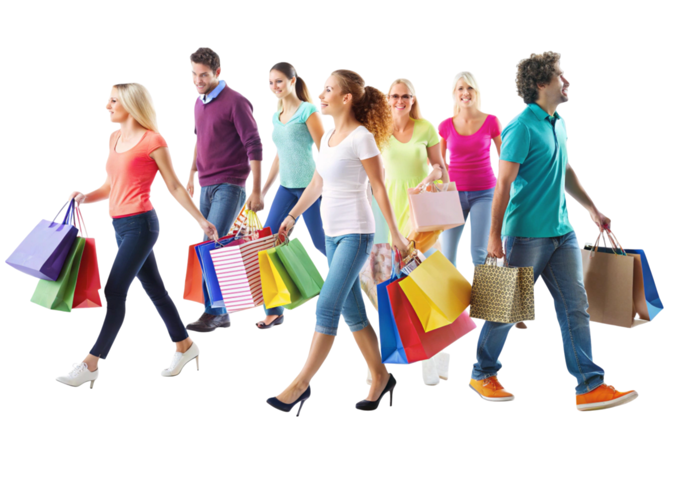 Crowd of people of various ages and styles enjoying a lively shopping spree with vibrant shopping bags png