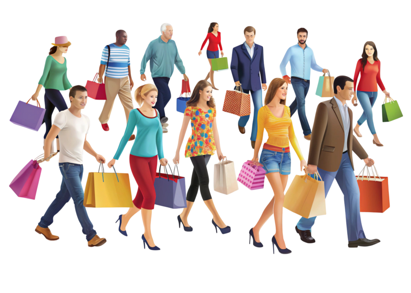 Diverse group of shoppers carrying colorful bags during a shopping frenzy on a white reflective background png