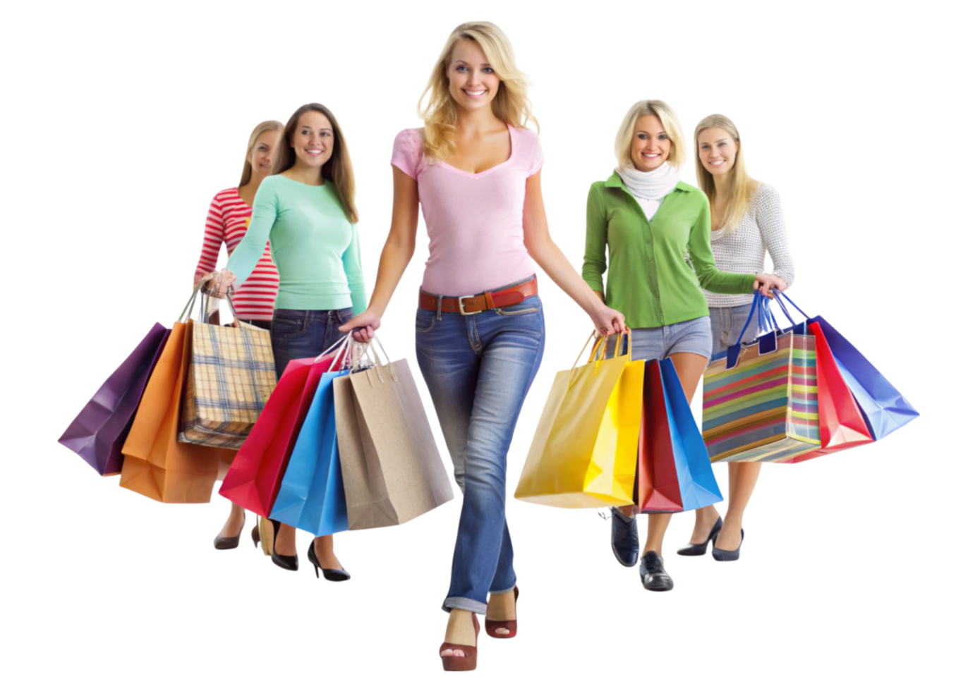 Stylish women with large shopping bags walking confidently in a bright and cheerful setting png