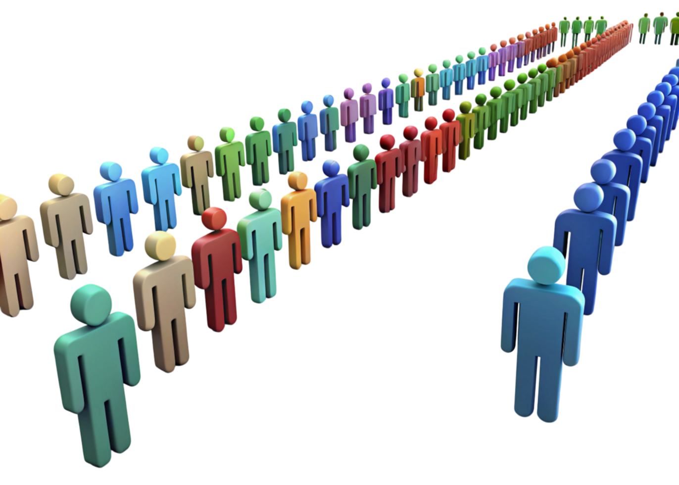 Long orderly lines of colorful humanoid figures forming a digital queue concept in a high tech environment png