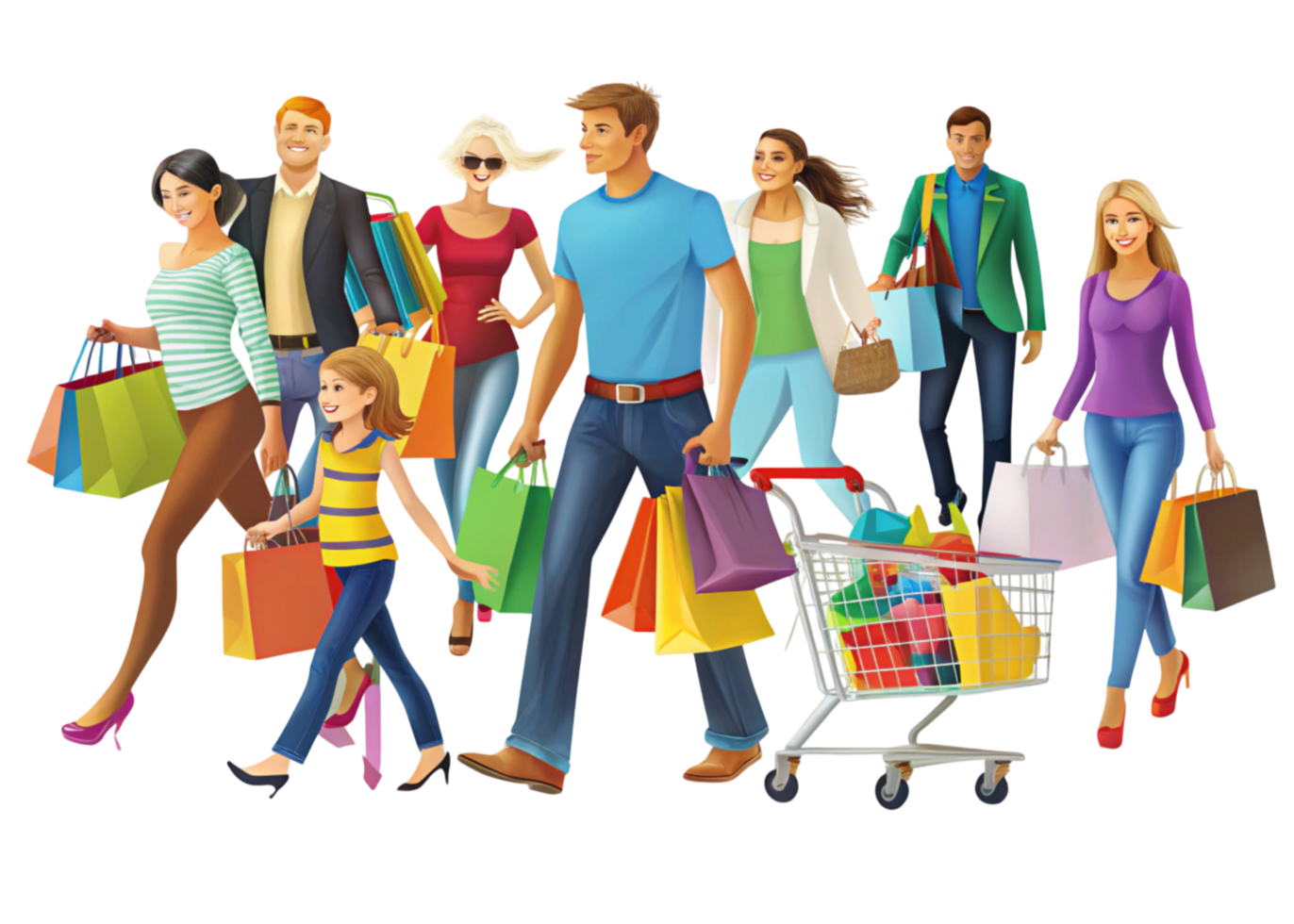 Illustration of enthusiastic shoppers with a mix of shopping bags, creating a dynamic shopping experience scene png
