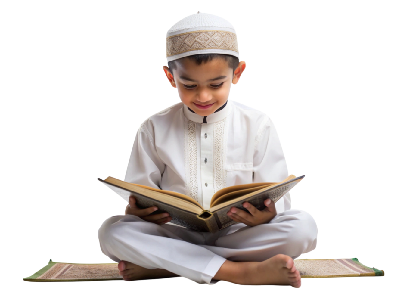 Little boy in traditional cap and white outfit studying the Quran on a Transparent Background png