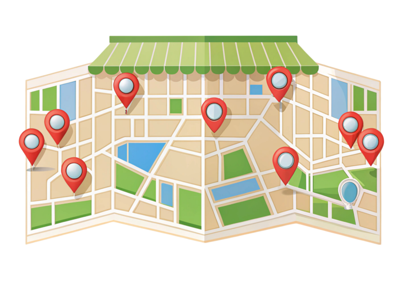 ilustrado mapa com vermelho localização marcadores e colorida vitrines representando uma local compras área em uma transparente fundo png
