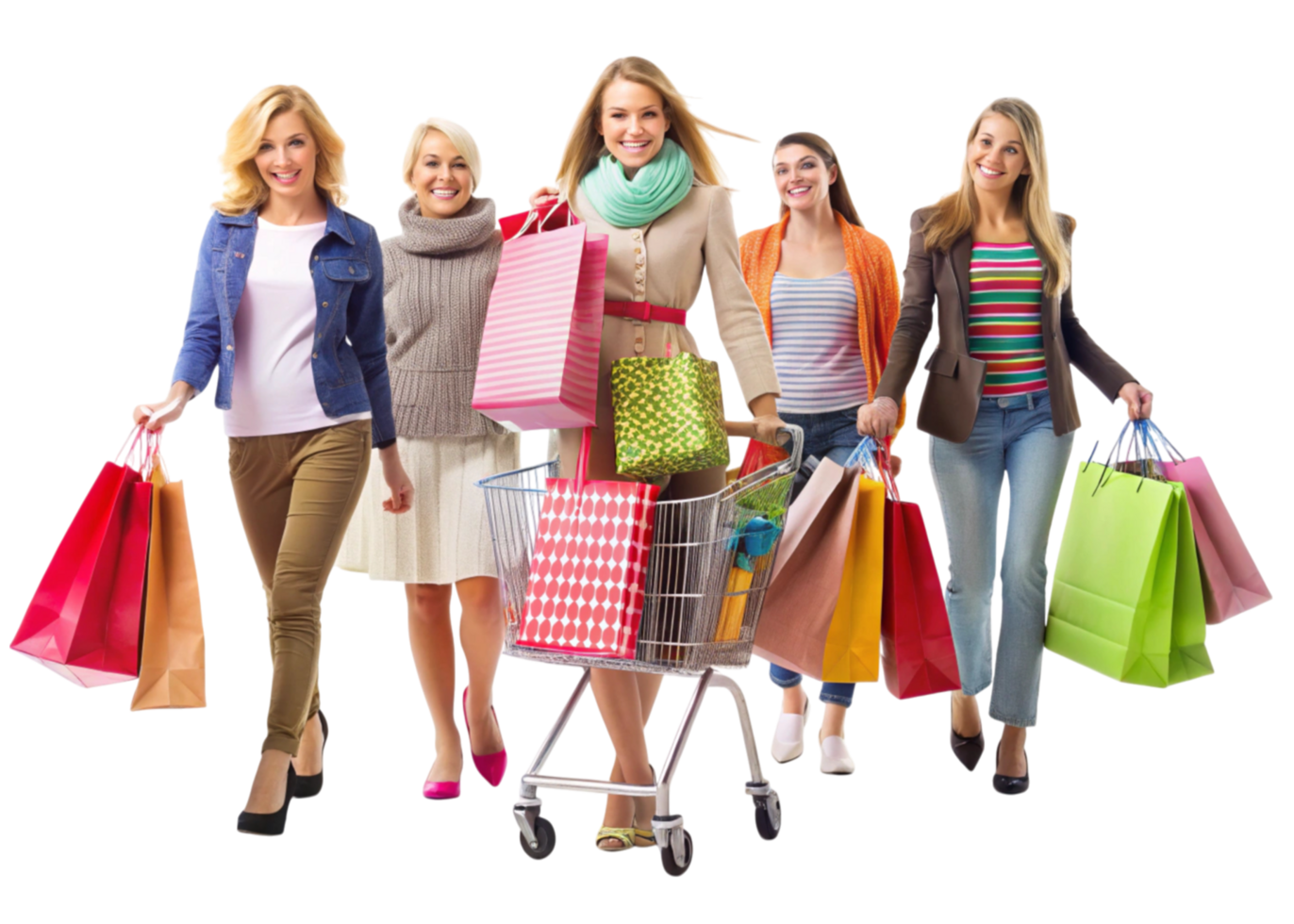 Smiling women enjoying retail therapy with vibrant shopping bags in a fun and lively shopping experience png
