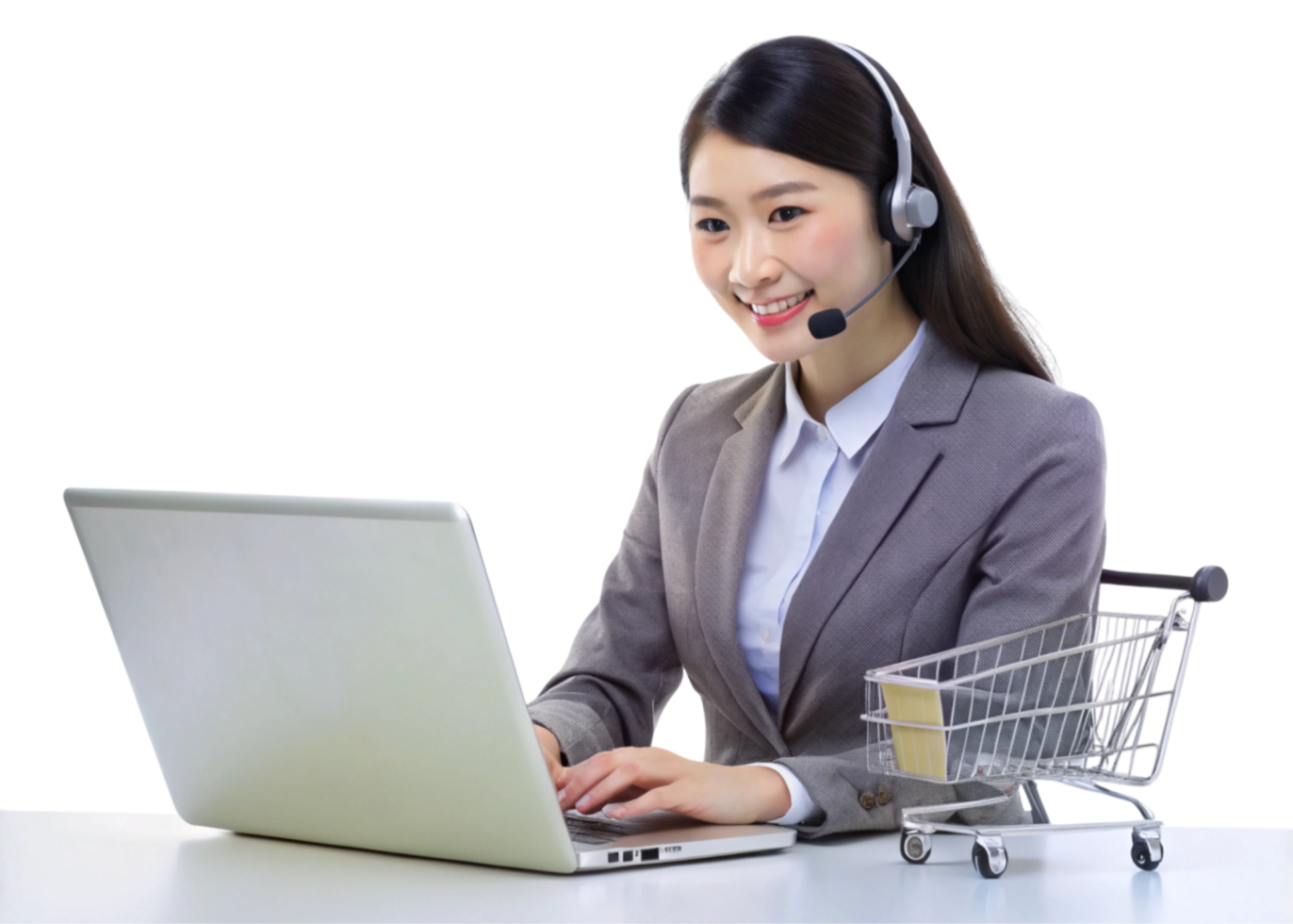 asian woman using laptop and shopping cart png