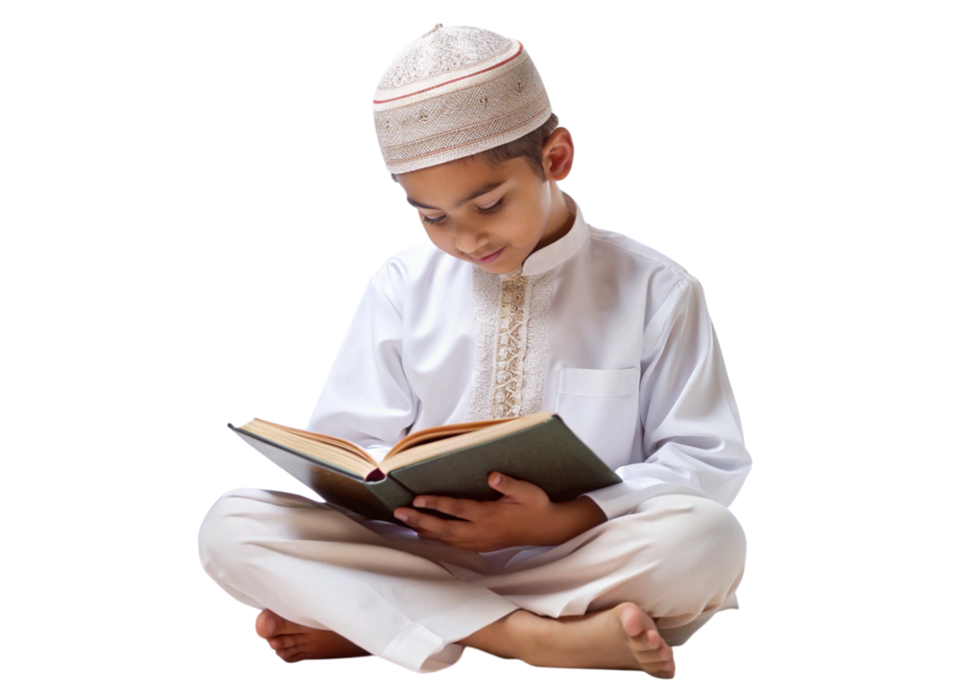 Muslim child in white clothes reading Quran representing faith and devotion on a plain backdrop png