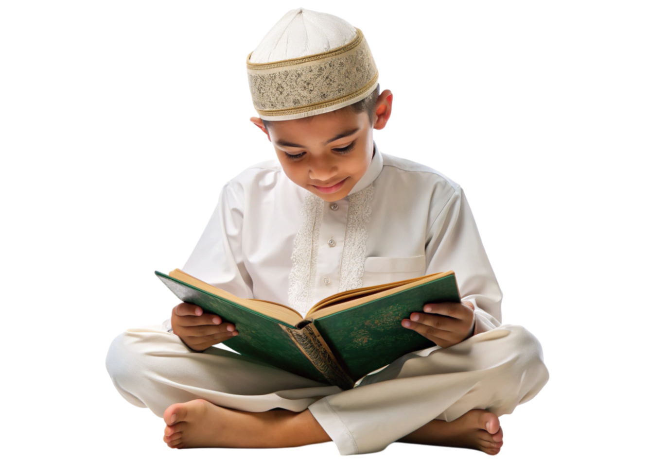 Young Muslim boy in traditional attire reading Quran on a Transparent Background with focused expression png