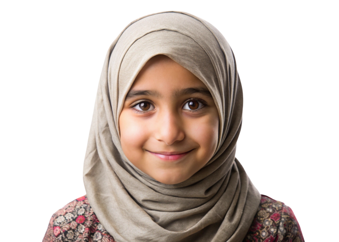Close up of a cheerful Muslim girl with a traditional hijab, reflecting happiness and purity against a Transparent Background png