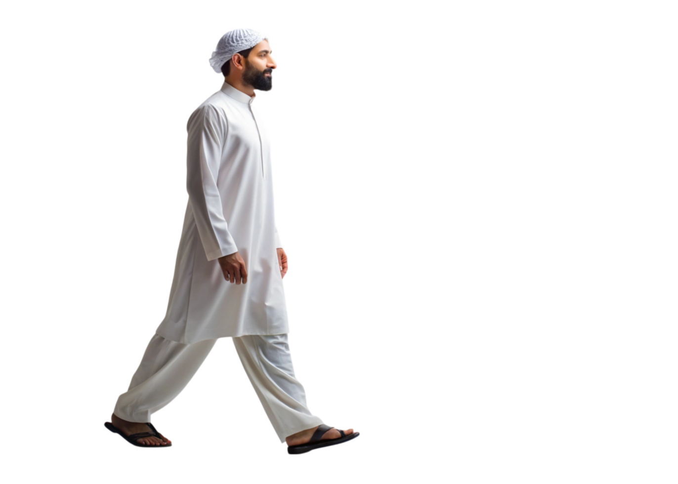 Full body image of a man in traditional Islamic clothing walking, symbolizing culture and grace in a bright setting png