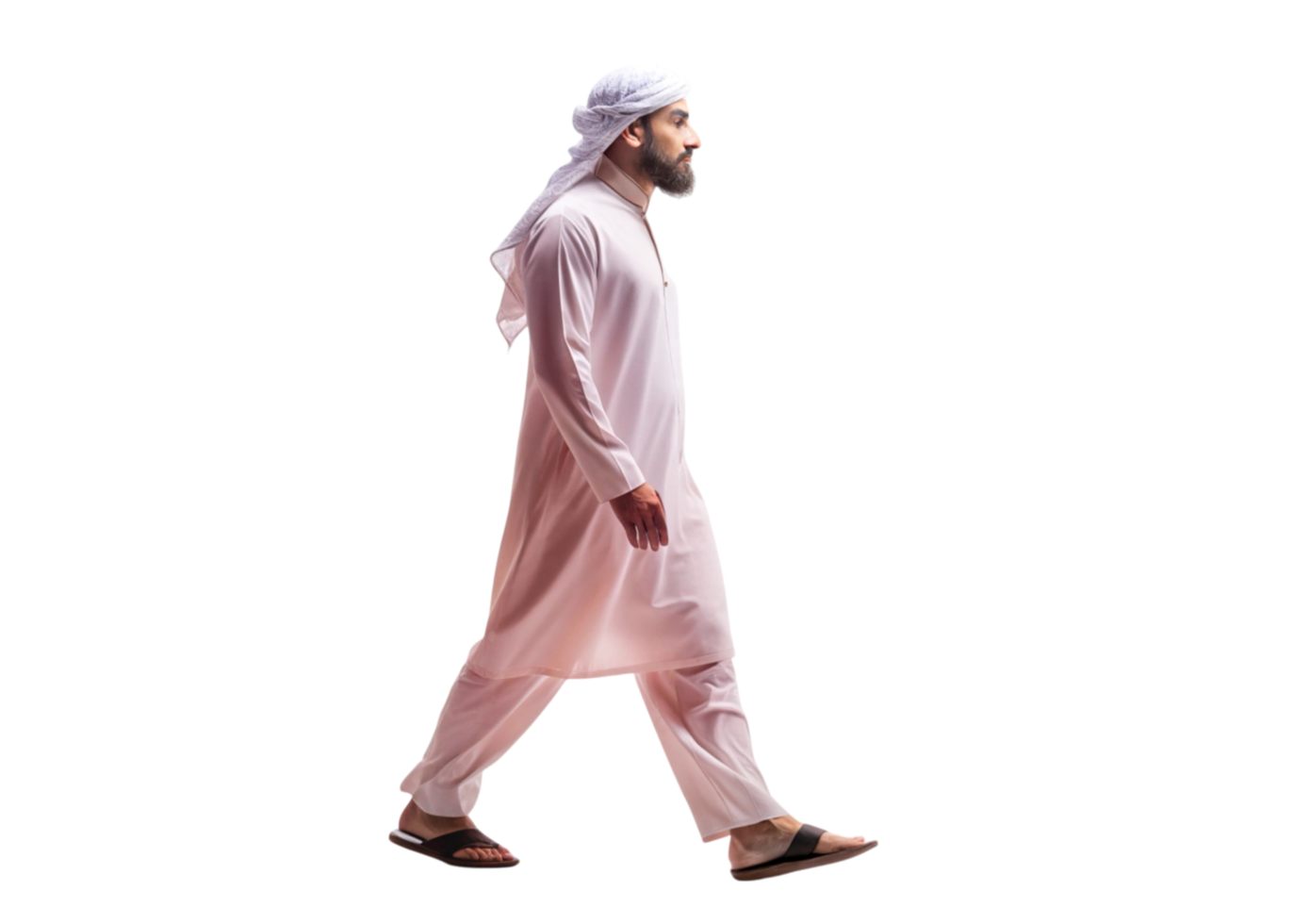 Portrait of a Muslim man in a white kandura and keffiyeh, walking in a confident stride against a plain background png