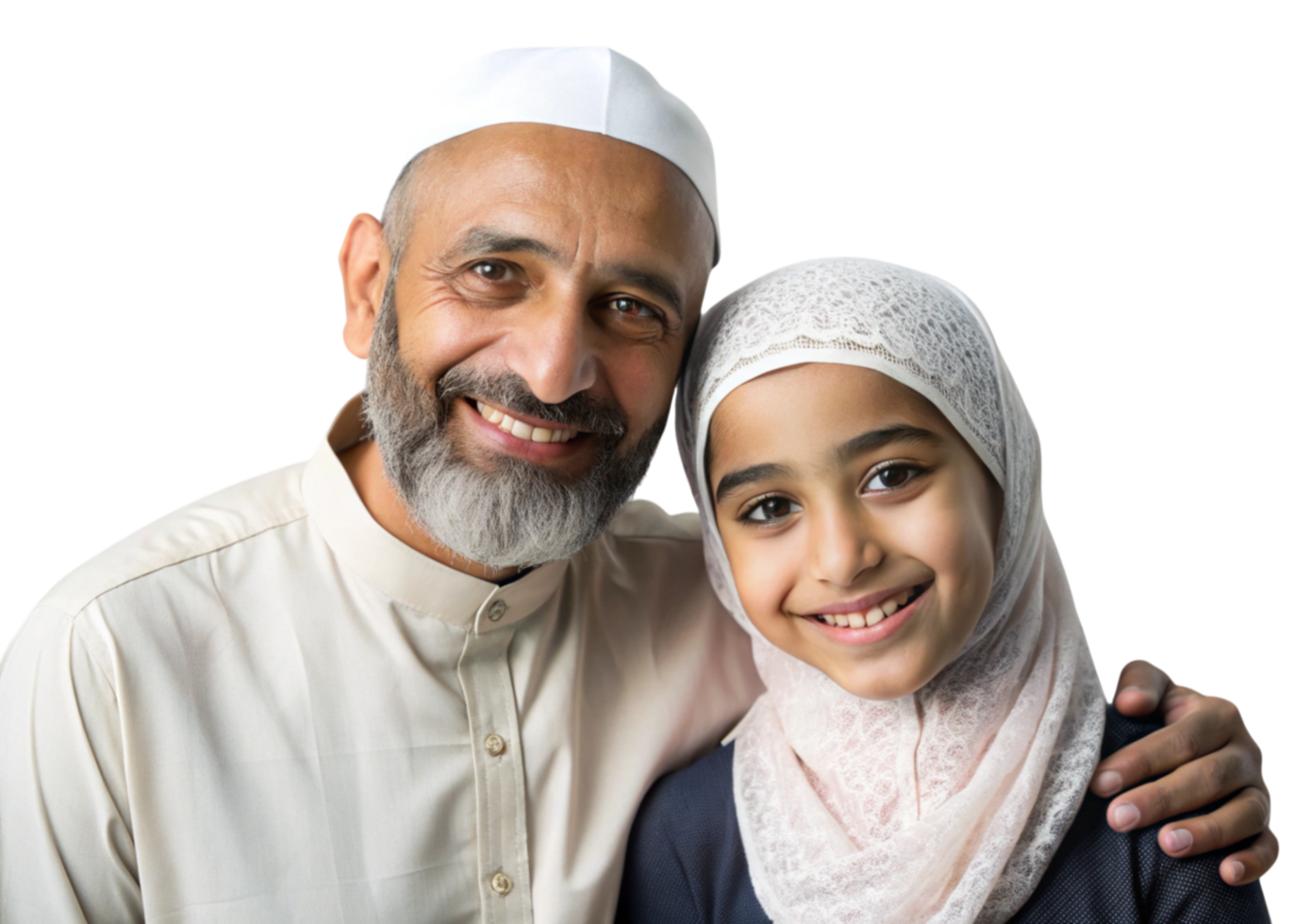 Smiling grandfather and young girl in hijab embracing and sharing joyful family moments png