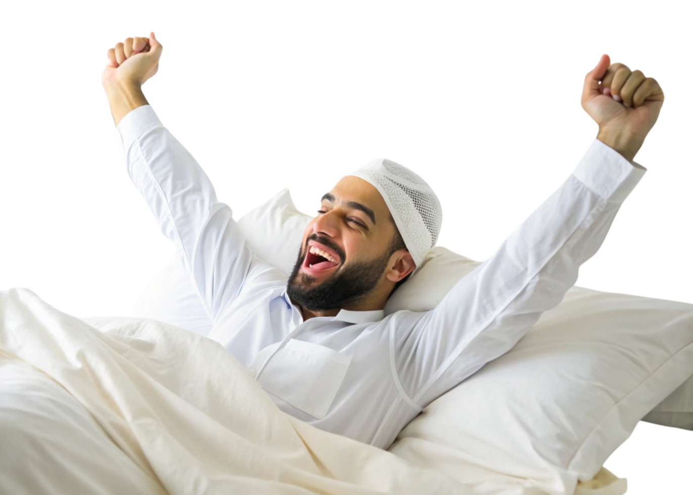 Smiling Muslim man in traditional attire waking up, arms raised in a relaxed morning stretch, bright and cheerful setting png