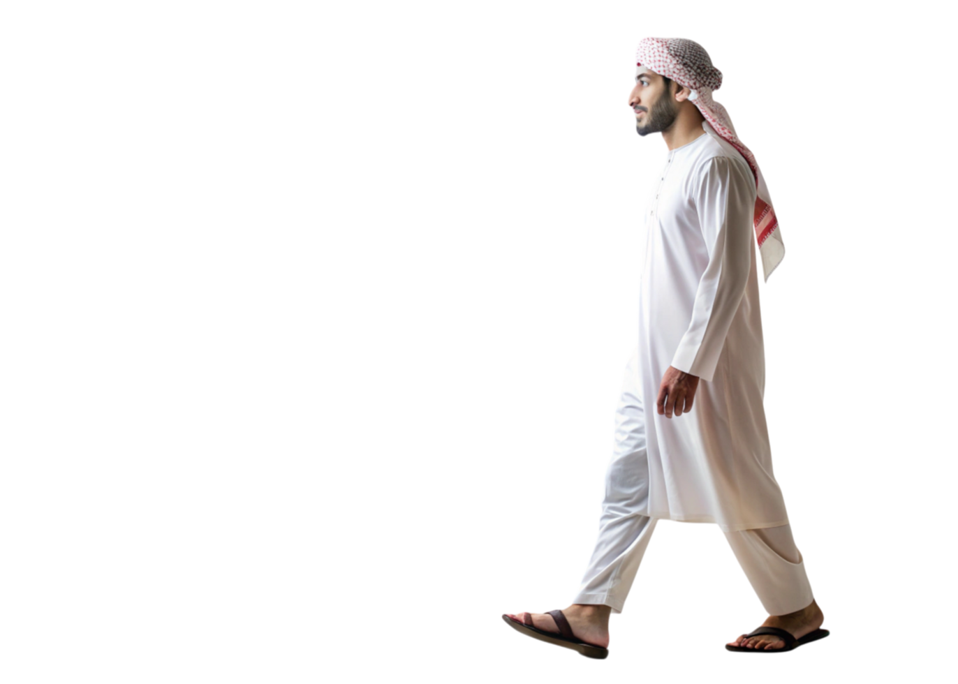 Muslim man in cultural dress and keffiyeh, walking confidently on a Transparent Background, representing tradition and elegance png