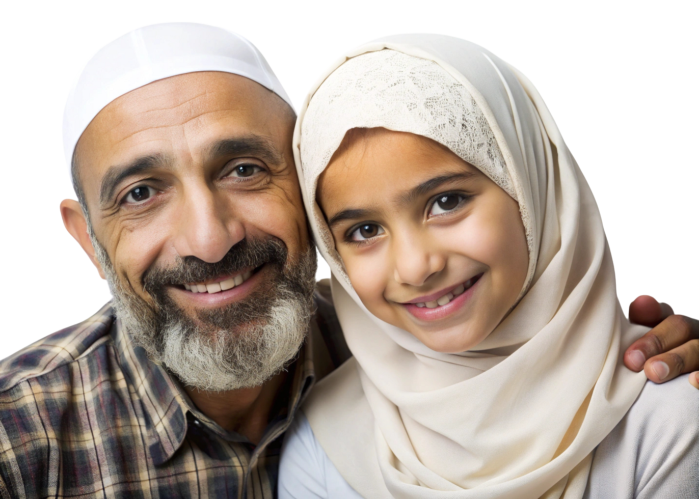Happy elderly man with his granddaughter wearing hijab on Transparent Background png