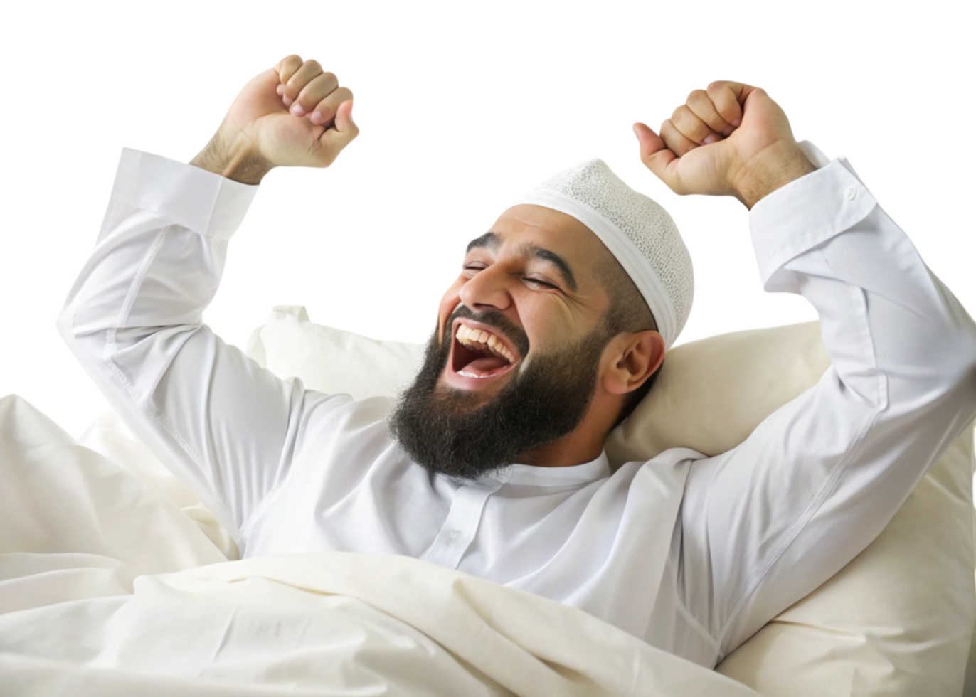 Muslim man stretching with a joyful expression in bed, embracing a fresh start to the day on a Transparent Background png