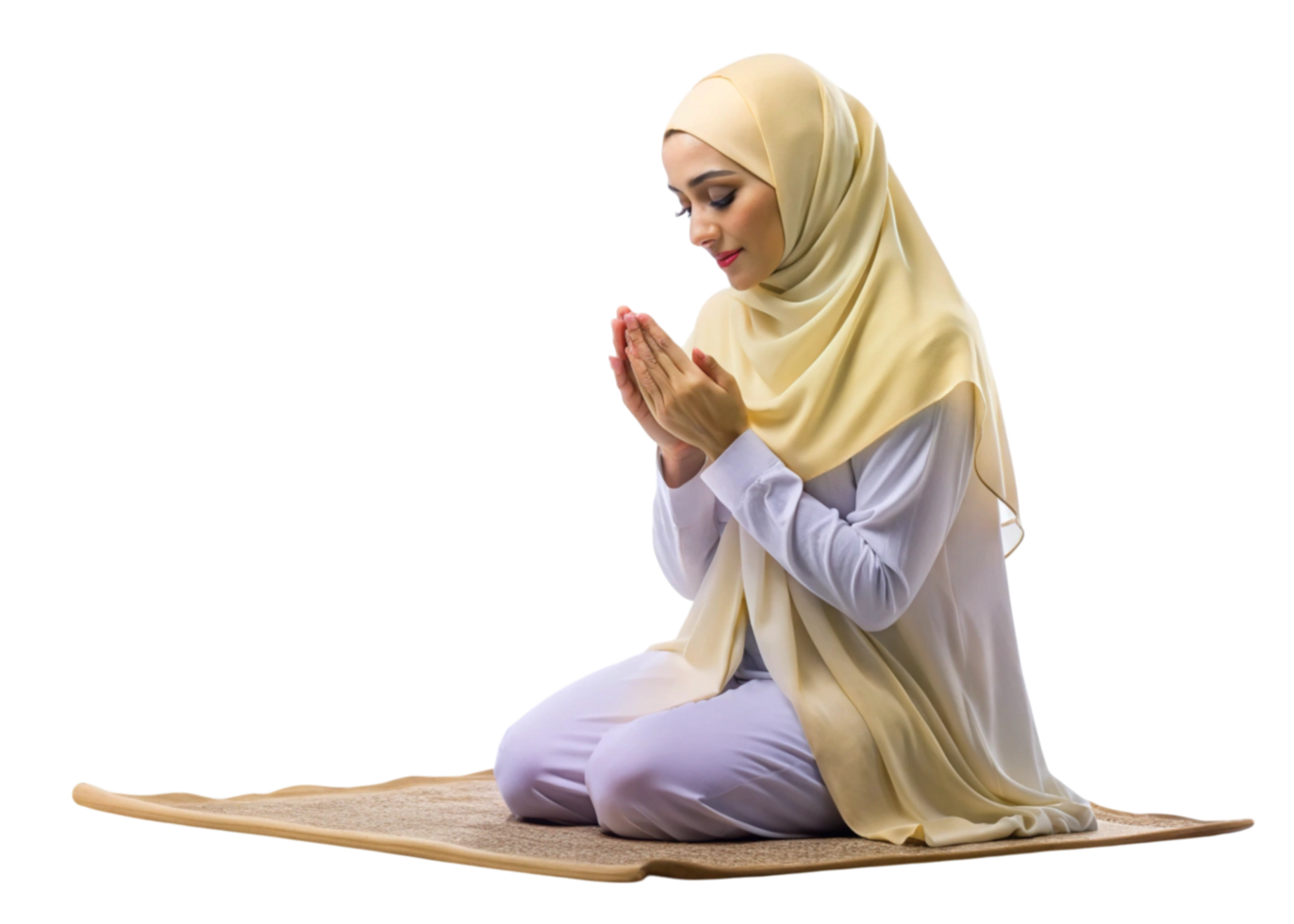 Devout Muslim woman praying on a prayer mat, showcasing faith and spirituality in a simple and pure Transparent Background png