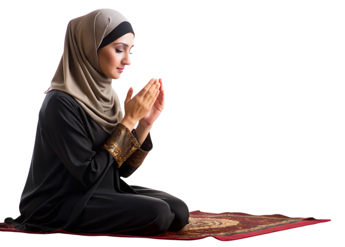 Peaceful Muslim woman praying with hands raised in devotion, dressed in modest Islamic clothing in a bright setting png