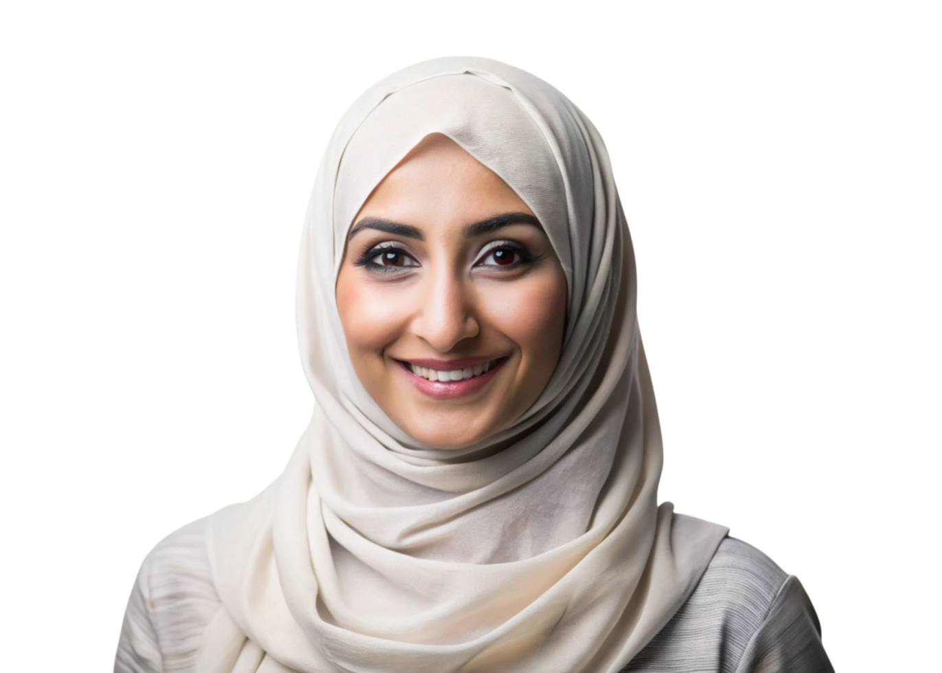 Portrait of a smiling Muslim woman in a beige hijab, expressing confidence and warmth on a Transparent Background png