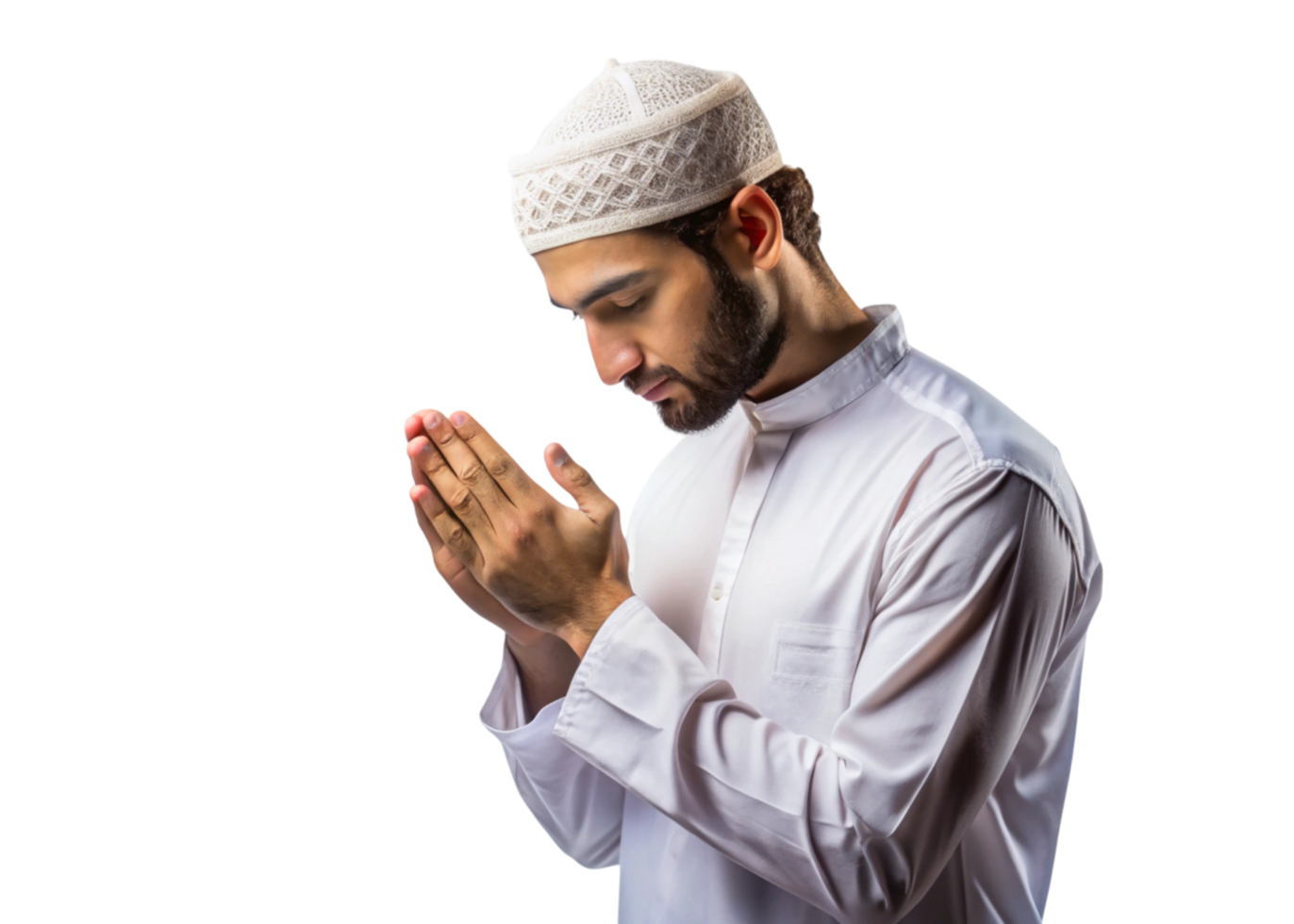 Side view of a Muslim man in prayer, hands raised in reverence, wearing traditional headwear on a simple Transparent Background png