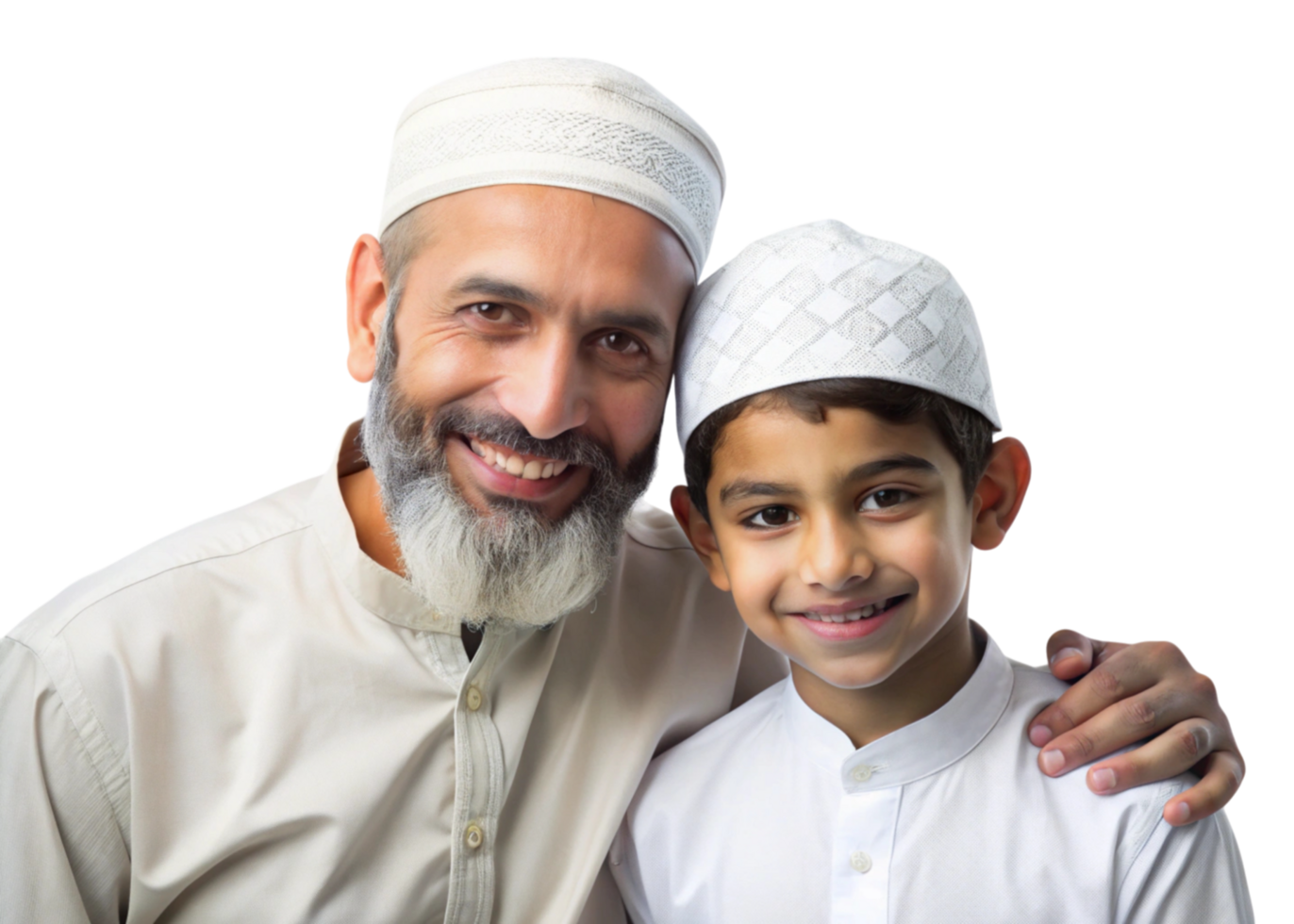 Father and son in Islamic clothing, showing a strong family connection with happy expressions on a minimal Transparent Background png