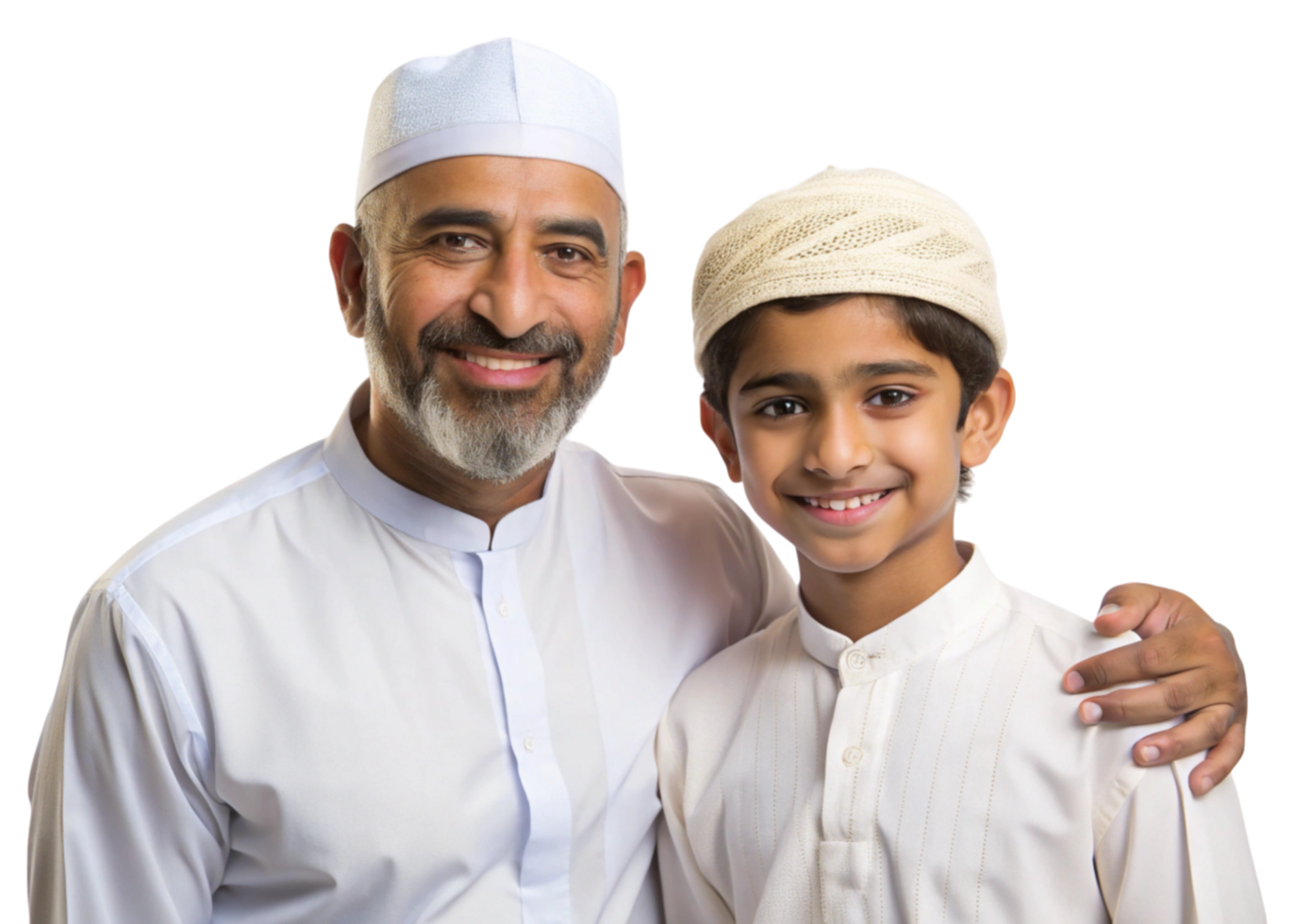 Smiling Muslim father and son in traditional attire, symbolizing love, connection, and family values on a Transparent Background png
