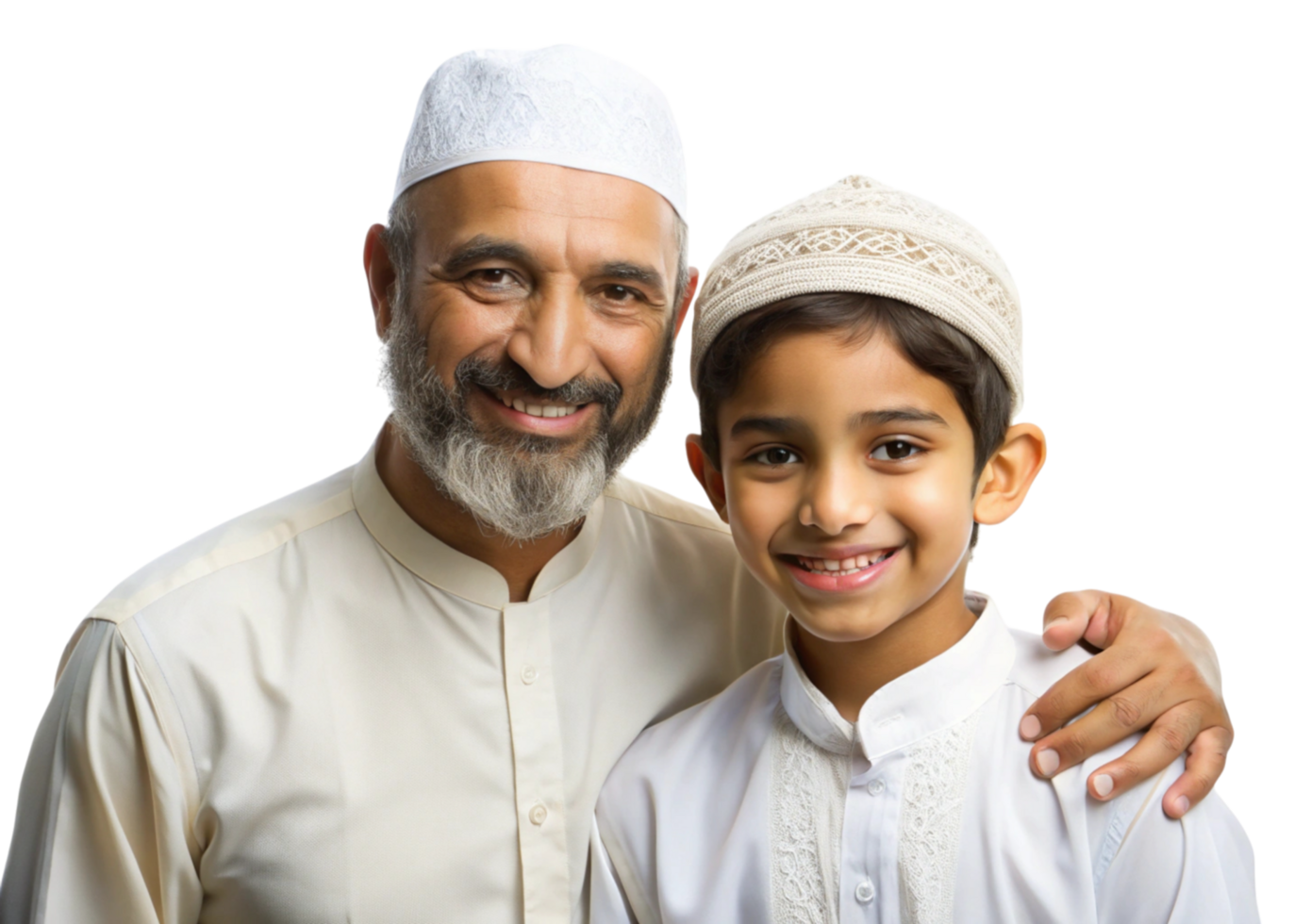 Portrait of a joyful Muslim father and son, dressed traditionally, expressing warmth and familial bond in a bright setting png