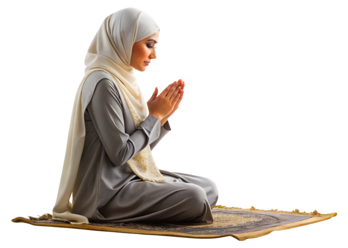 Muslim woman in serene prayer position with hands raised, wearing traditional attire and hijab on a Transparent Background png