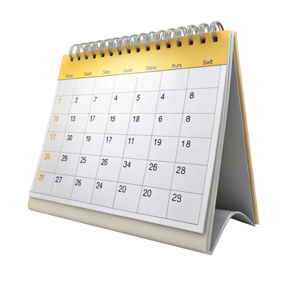 Professional desktop calendar for organizing dates, featuring an easy to read layout in a neat Transparent Background png