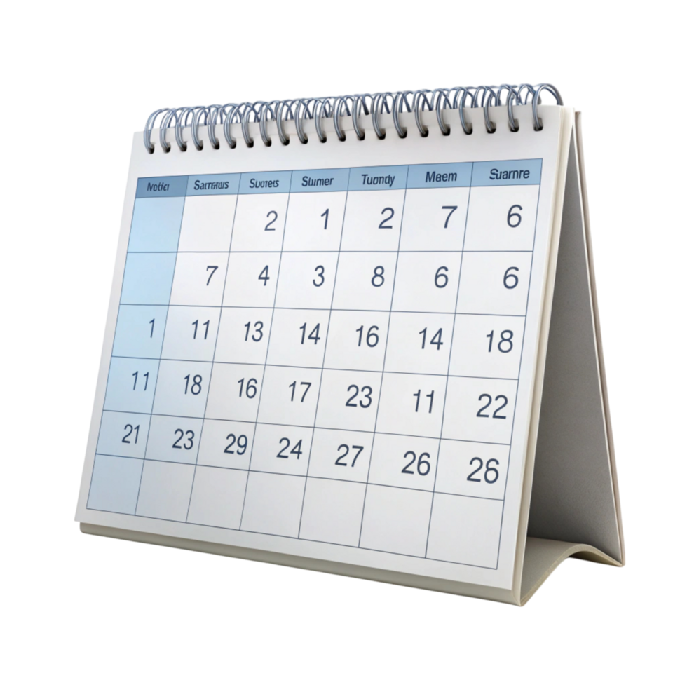 Elegant spiral bound tabletop calendar with marked weekdays and dates for planning and time management png