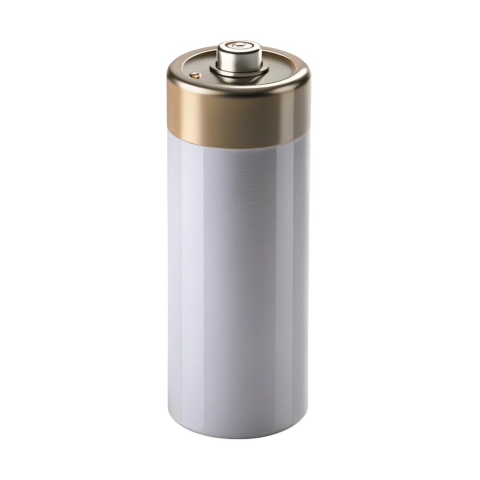 Close up of a single cell battery in metallic finish, representing portable energy, power supply, and rechargeable battery concepts png