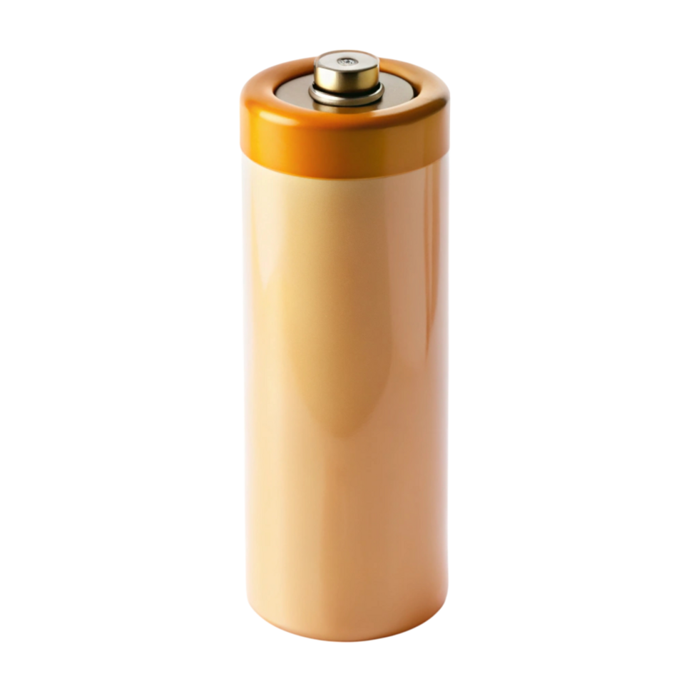 Cylindrical battery with glossy metallic surface on Transparent Background, symbolizing energy storage and electronics applications png