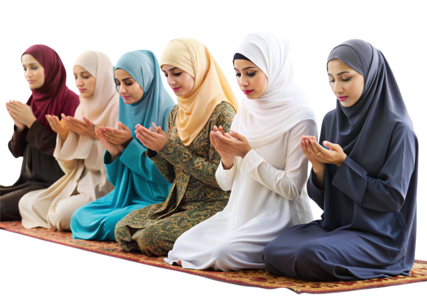 Women in traditional Islamic attire praying unity showing spirituality peace and cultural harmony png