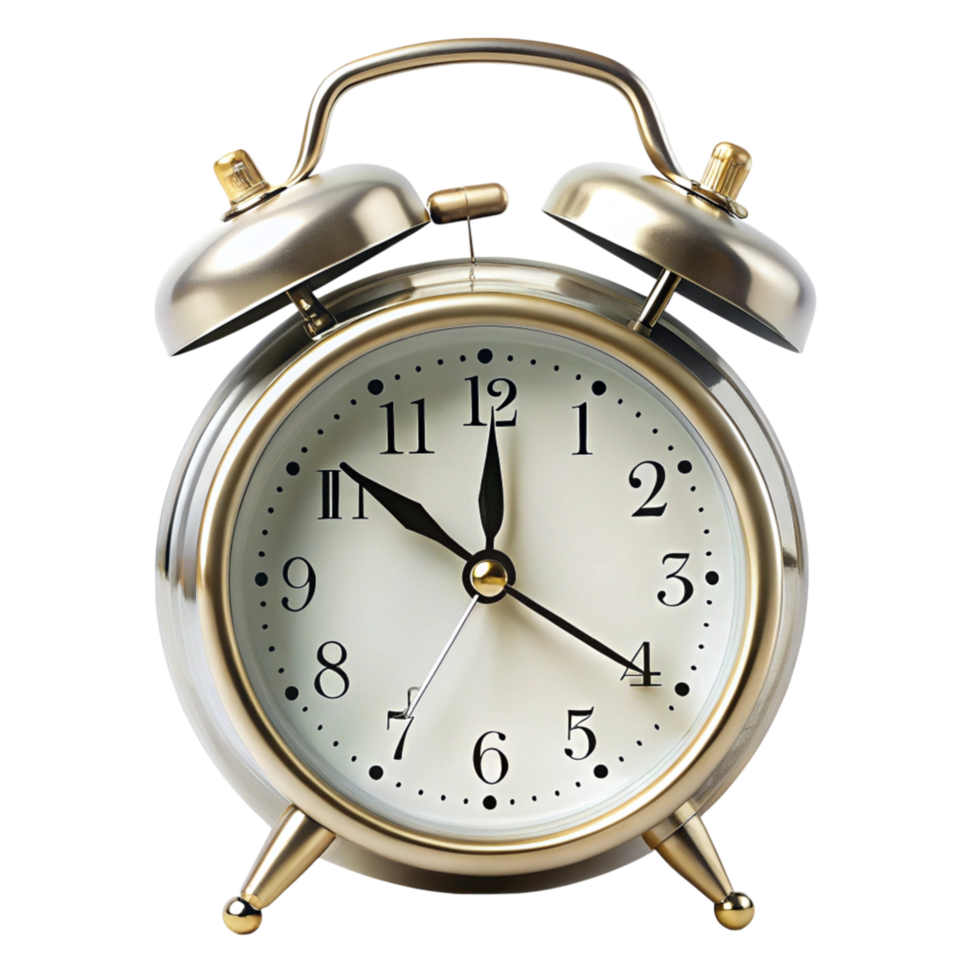 Vintage style metal alarm clock with bell ringer isolated, symbolizing traditional timekeeping and wake up calls png