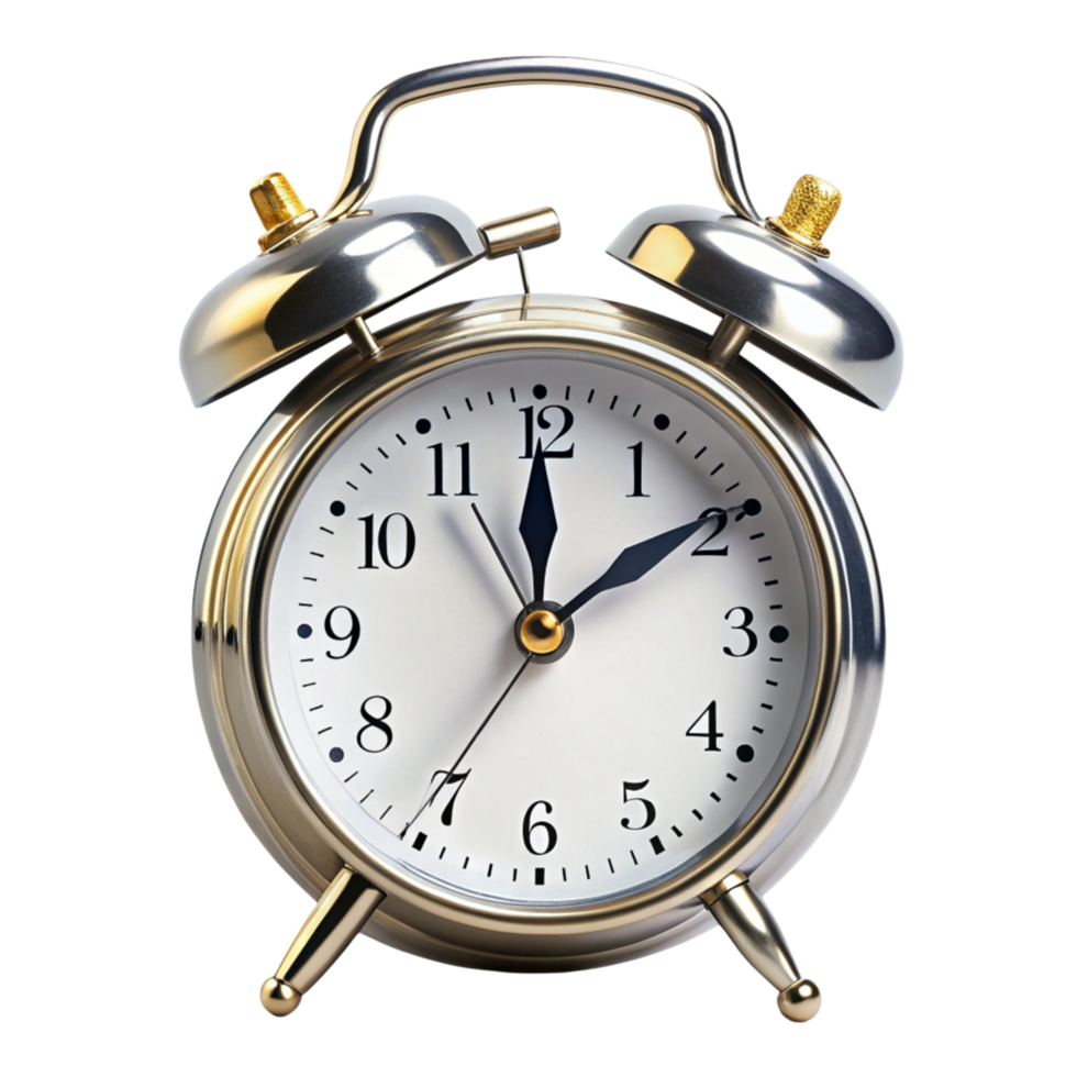 Classic silver alarm clock with twin bells on Transparent Background, representing time management, punctuality, and morning routines png