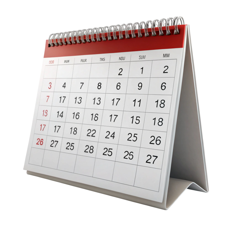 Monthly desk calendar in a minimalistic design, featuring a red and white color scheme and spiral binding, perfect for office and productivity themes png