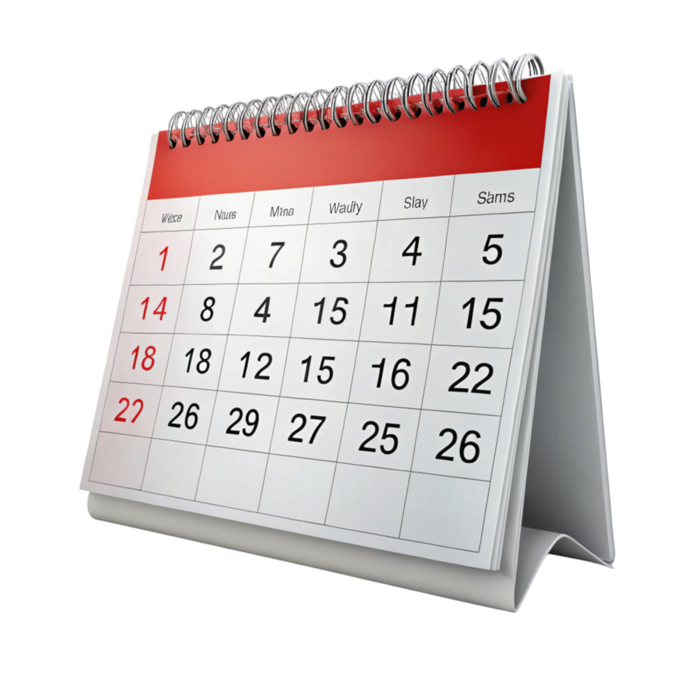 Simple desk calendar with prominent dates and red highlights, ideal for organizing, planning, and scheduling projects on a clean background png