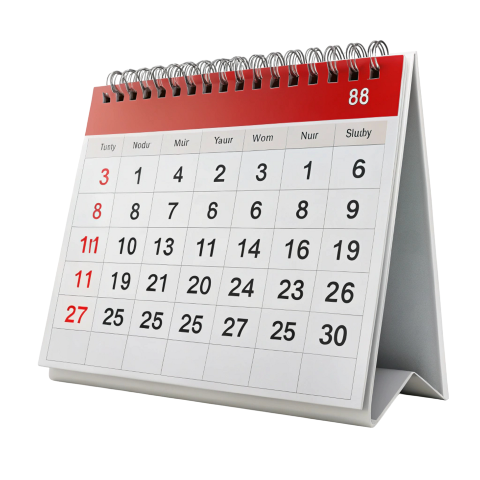 Desk calendar with spiral binding displaying a full month layout on a Transparent Background, ideal for scheduling and time management visuals png