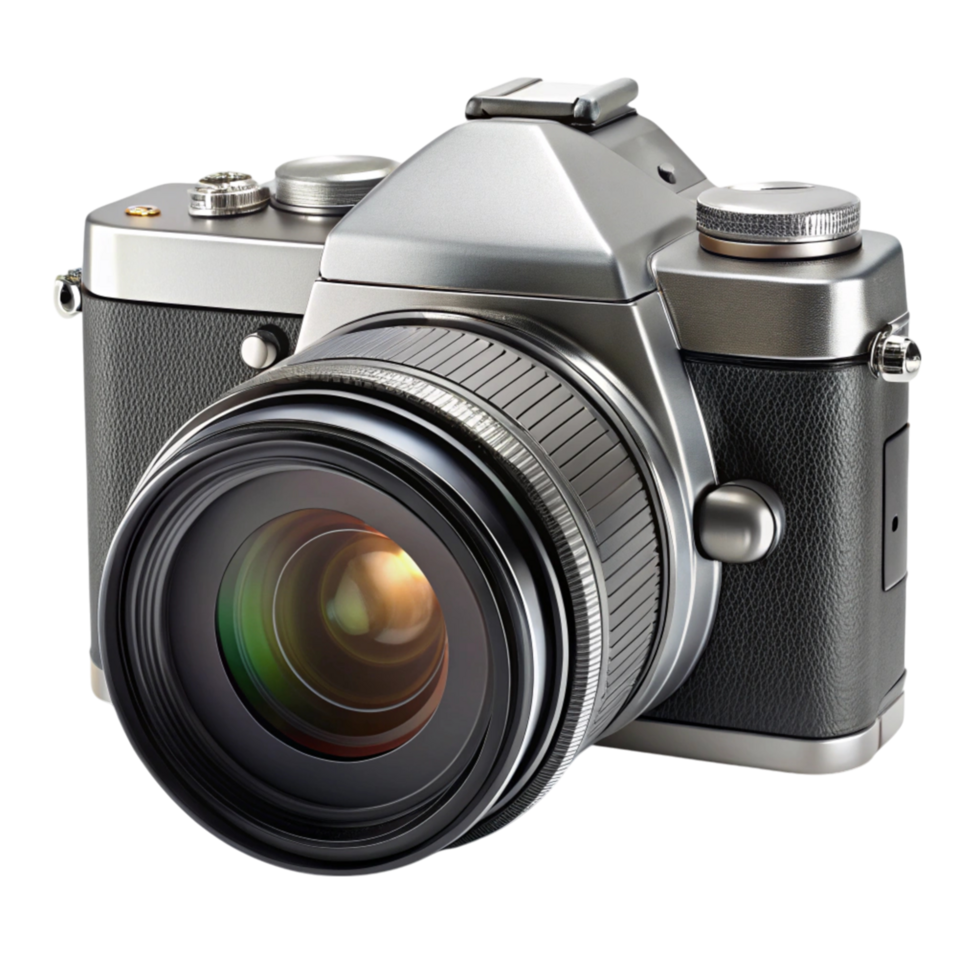 Professional camera with detailed lens and sleek body, representing modern photography tools and equipment on a neutral backdrop png